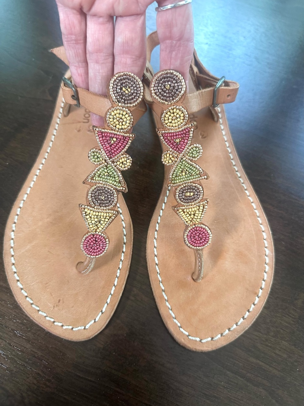 Free People Laidback London Tan Beaded T Strap Sandals Pink Bronze 37 7 7.5 NWT